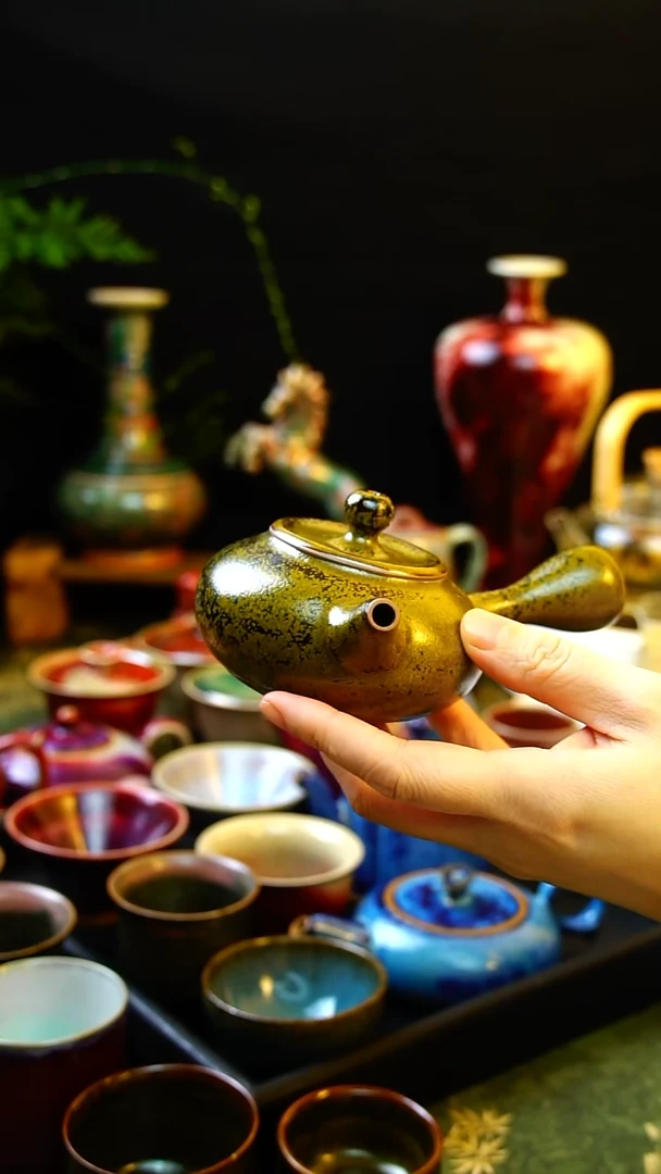 壶钧瓷高温原矿侧把壶