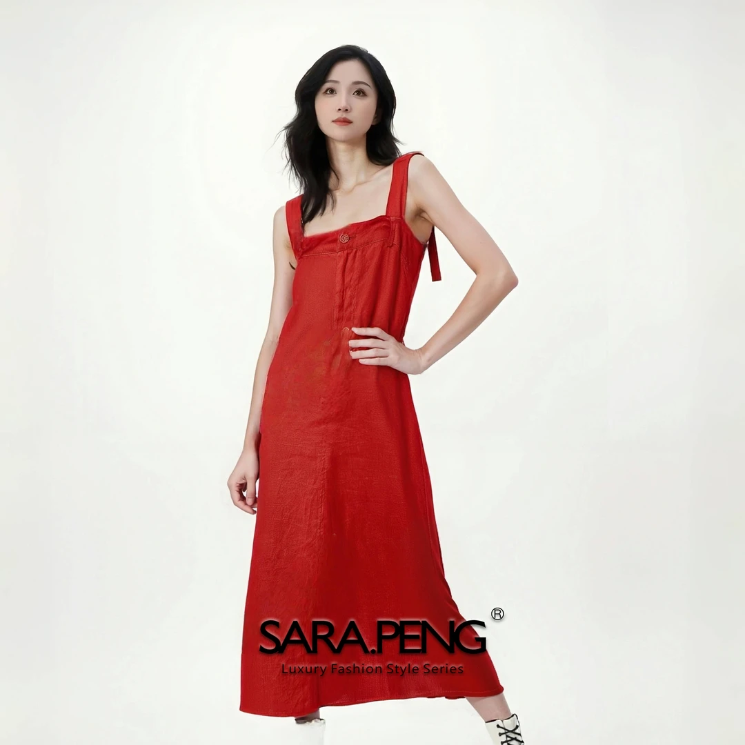 SARA.PENG明艳端庄｜新品都市麻感休闲吊带连衣裙｜叠穿｜MLYQ5627