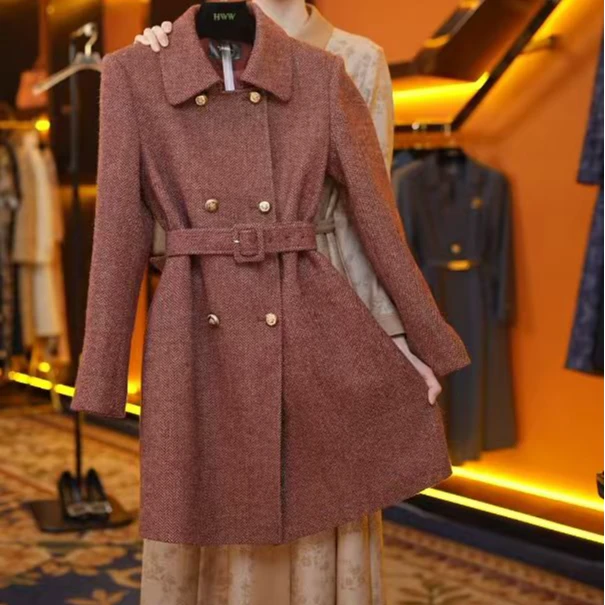 【赫尔温】羊毛款深酒红色时尚收腰显瘦毛呢外套DHZFF53145