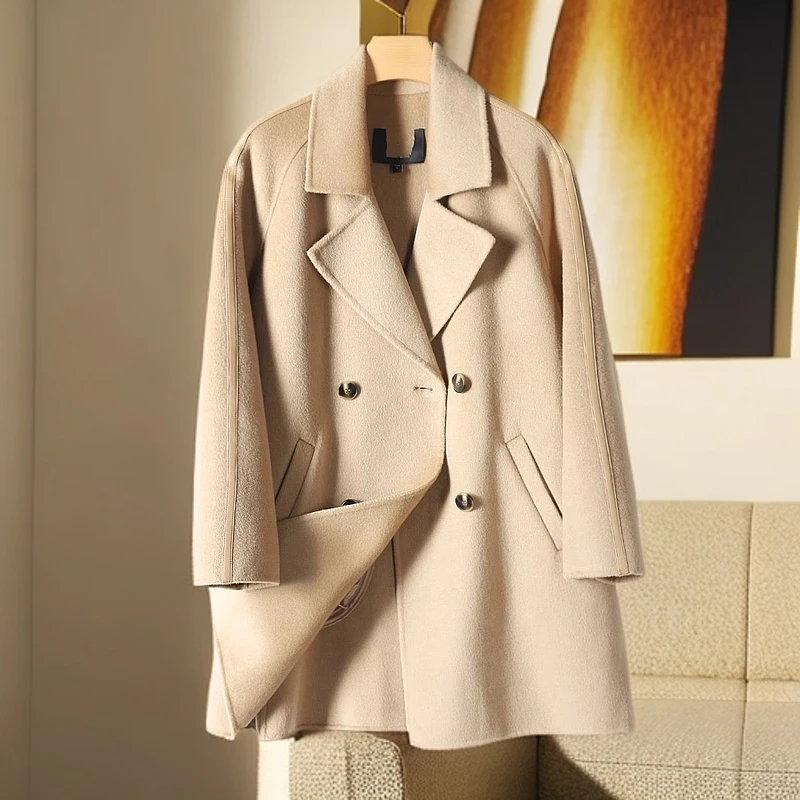 【TA图】剪标24冬品牌折扣100绵羊毛中长款拼接双面呢大衣外套女10B