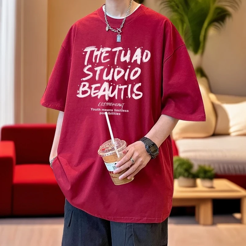 纯棉t恤男夏季2025新款时尚印花美式潮牌半袖宽松体恤衫