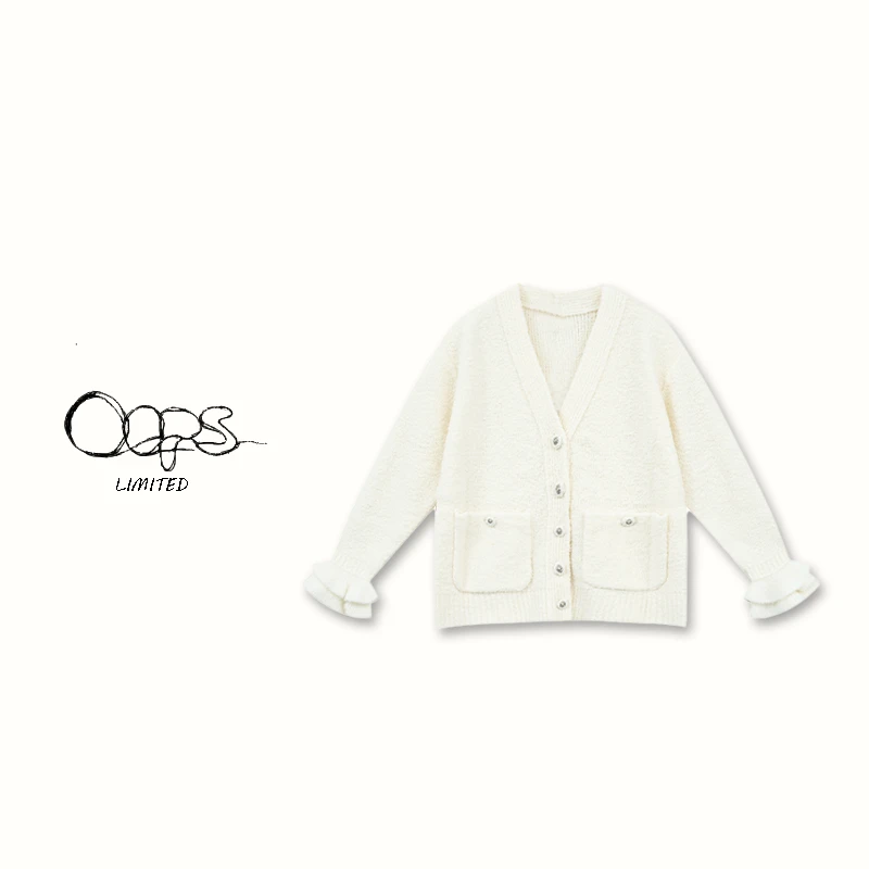 Oops【心头爱】 早春小香24k开衫女双层荷叶边袖口羊毛圈圈纱外套