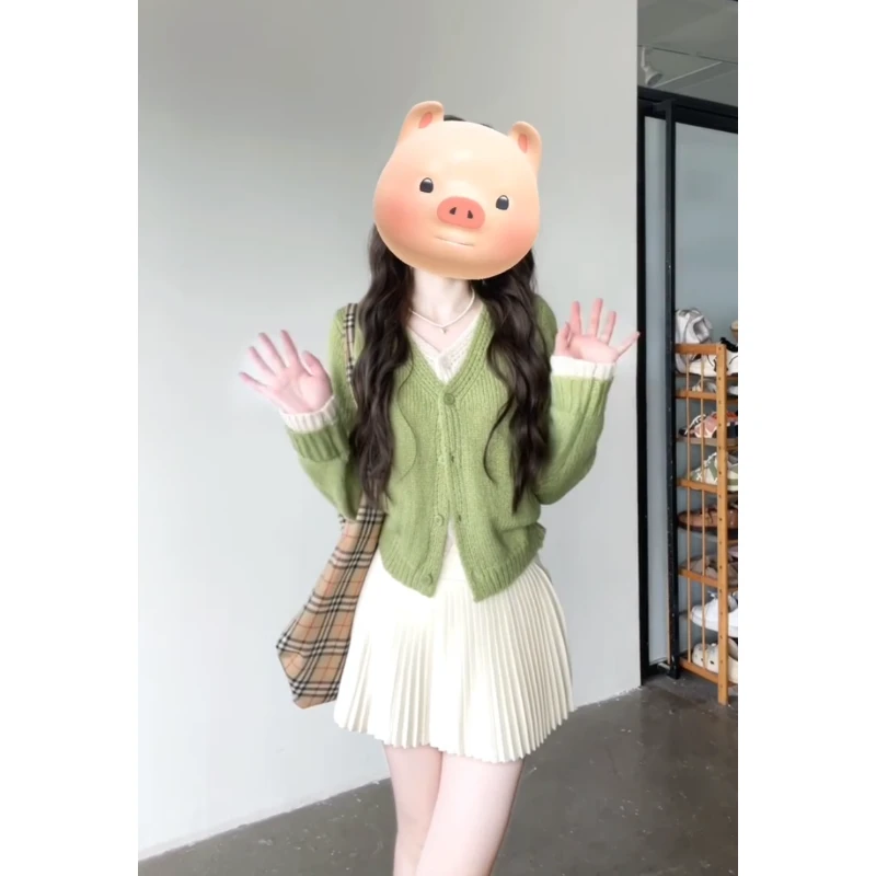 MARIE.COCO秋冬韩系绿色针织衫开衫毛衣搭高级百搭半身裙气质套装