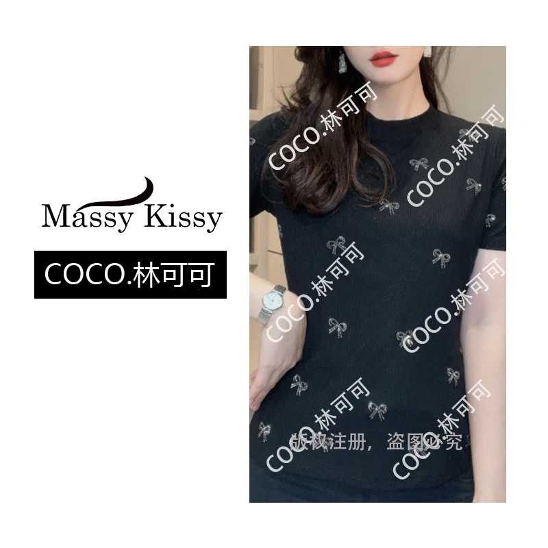 【COCO林可可】新款优雅蝴蝶结烫钻T恤Q24BT1761