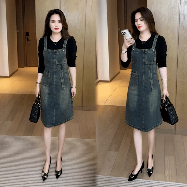 假两件拼接气质连衣裙2025秋季新款小个子春季圆领减龄背带A字裙