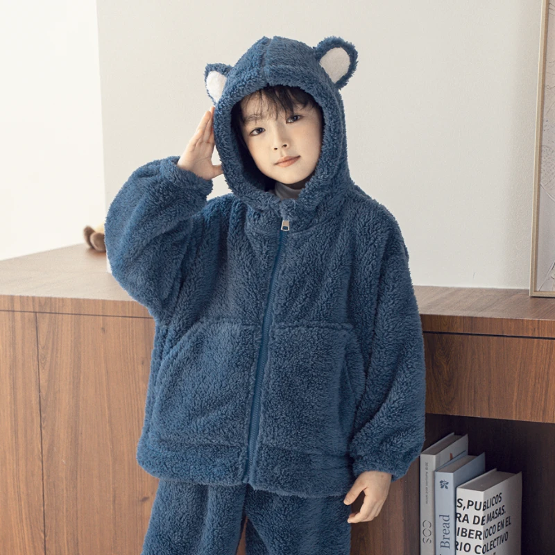 2025新款儿童睡衣秋冬极简风韩版百搭家居服套装连帽冬款宝宝加厚