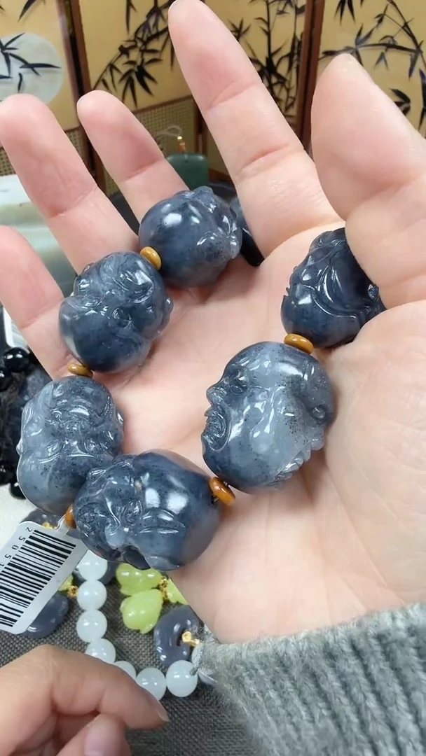 未镶嵌手串和田玉新疆青花精工手雕18罗汉手串