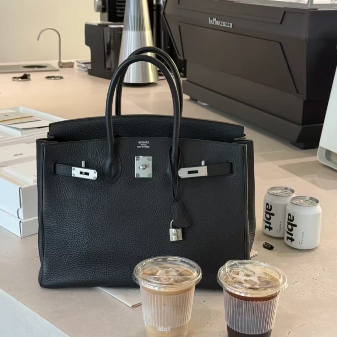 95新 Hermes/爱马仕 小花6枫Birkin 35 框Q 黑色 Togo皮 银扣包