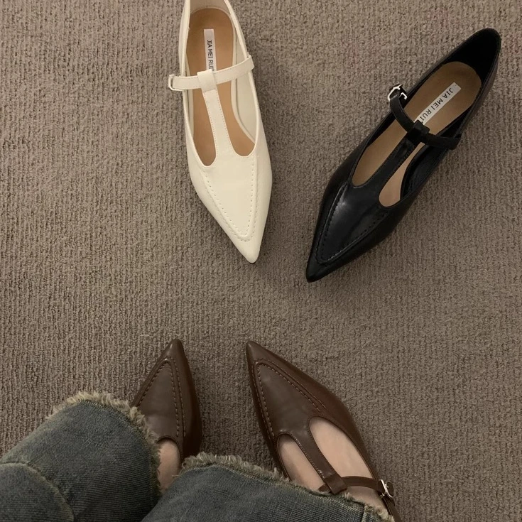 羊皮版~复古T字扣尖头单鞋女设计感低跟乐福鞋百搭玛丽珍鞋