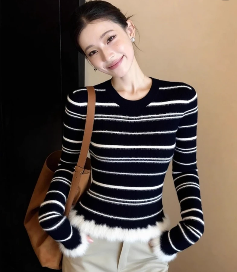 2025秋冬新款慵懒风女套头款长袖毛针织衫条纹圆领衫上衣毛衣女