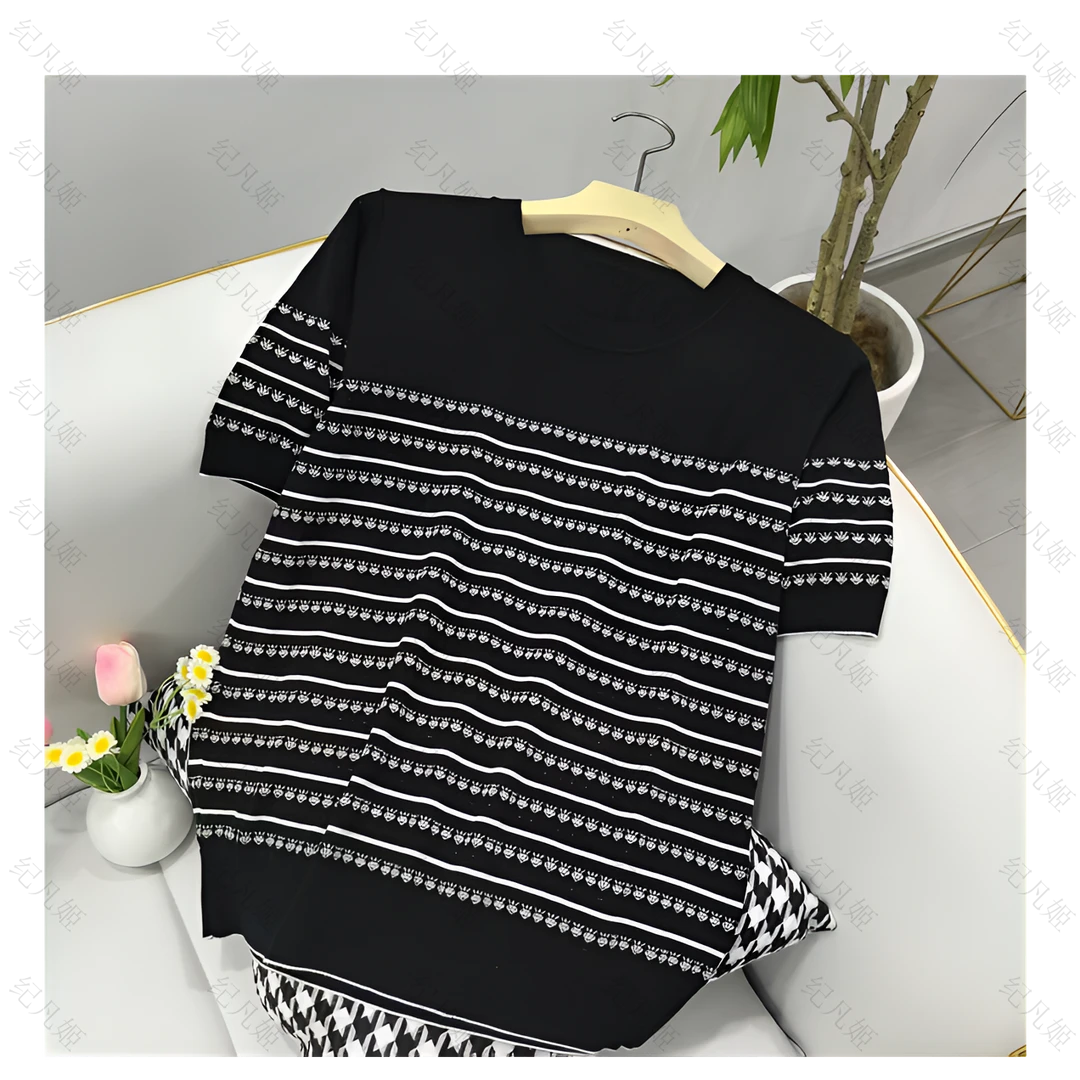 纪凡姬/3986-莱赛尔夏季草莓镂空提花短袖T恤针织衫