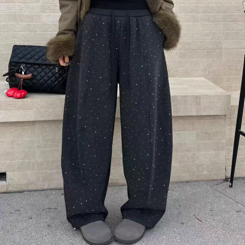 5561#烫钻时尚百搭显瘦直筒加绒休闲长裤女冬季新款洋气