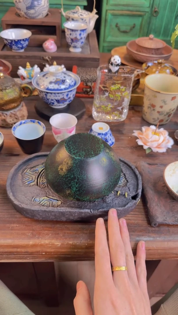 【闪购商品】茶器 大漆绿色铜建水