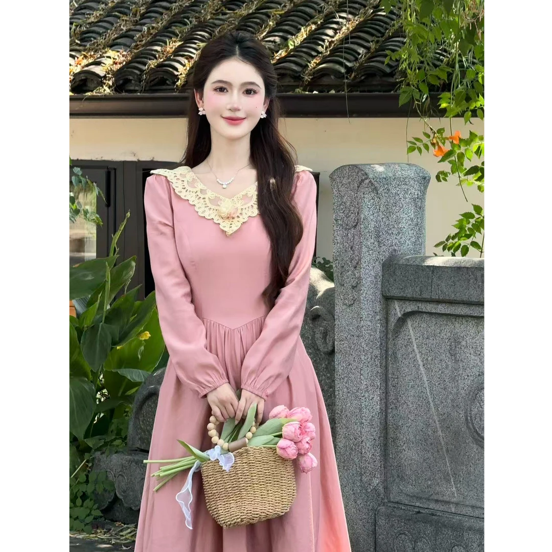 【蜜桃少女】LiLi法式宫廷风复古设计款粉色蕾丝气质连衣裙XMZH9106