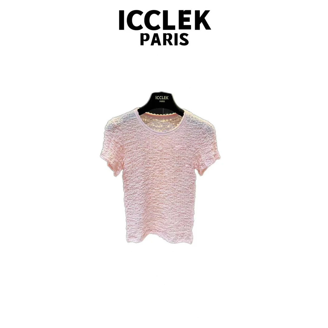 ICCLEK 粉色圆领波浪纹百搭时尚气质减龄夏季百搭显瘦T恤  - 5817