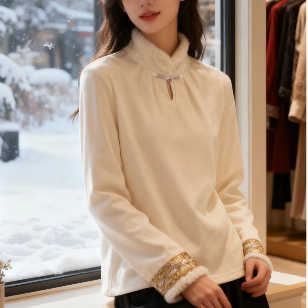 【忆雪】加绒打底衫秋冬季必须打底长袖厚款女装上衣百搭新中式上衣