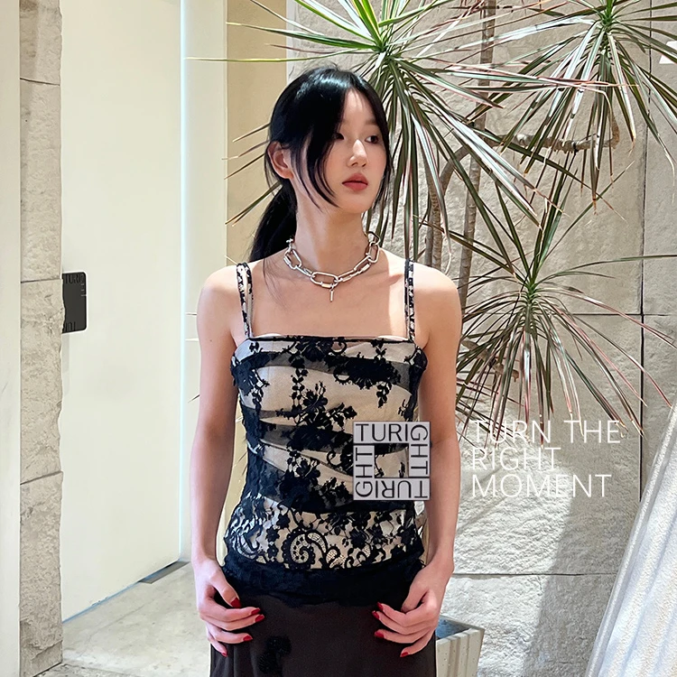 TURIGHT买手店24FW现货Markgong设计师品牌 黑蕾丝双层吊带