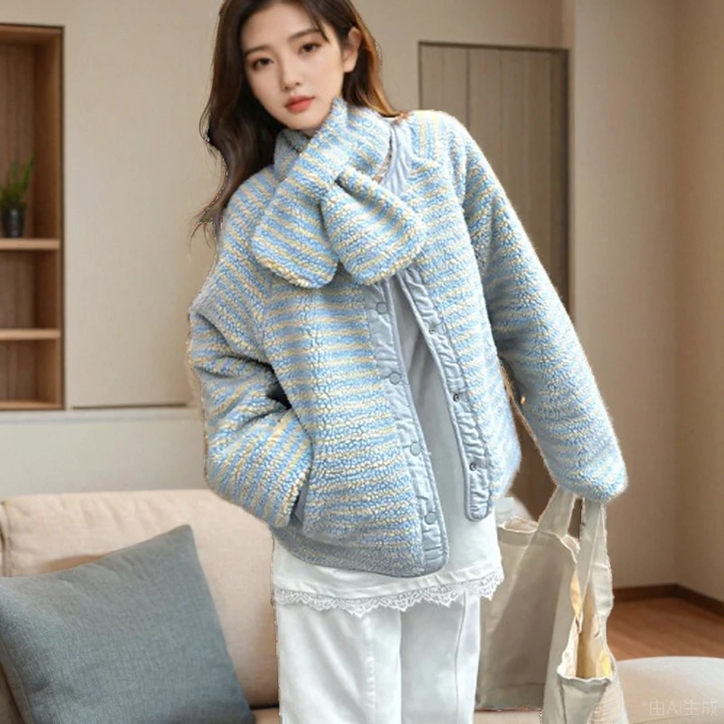 条纹围脖毛绒加厚保暖棉服外套女冬季新款宽松显瘦蓝色温柔风棉衣