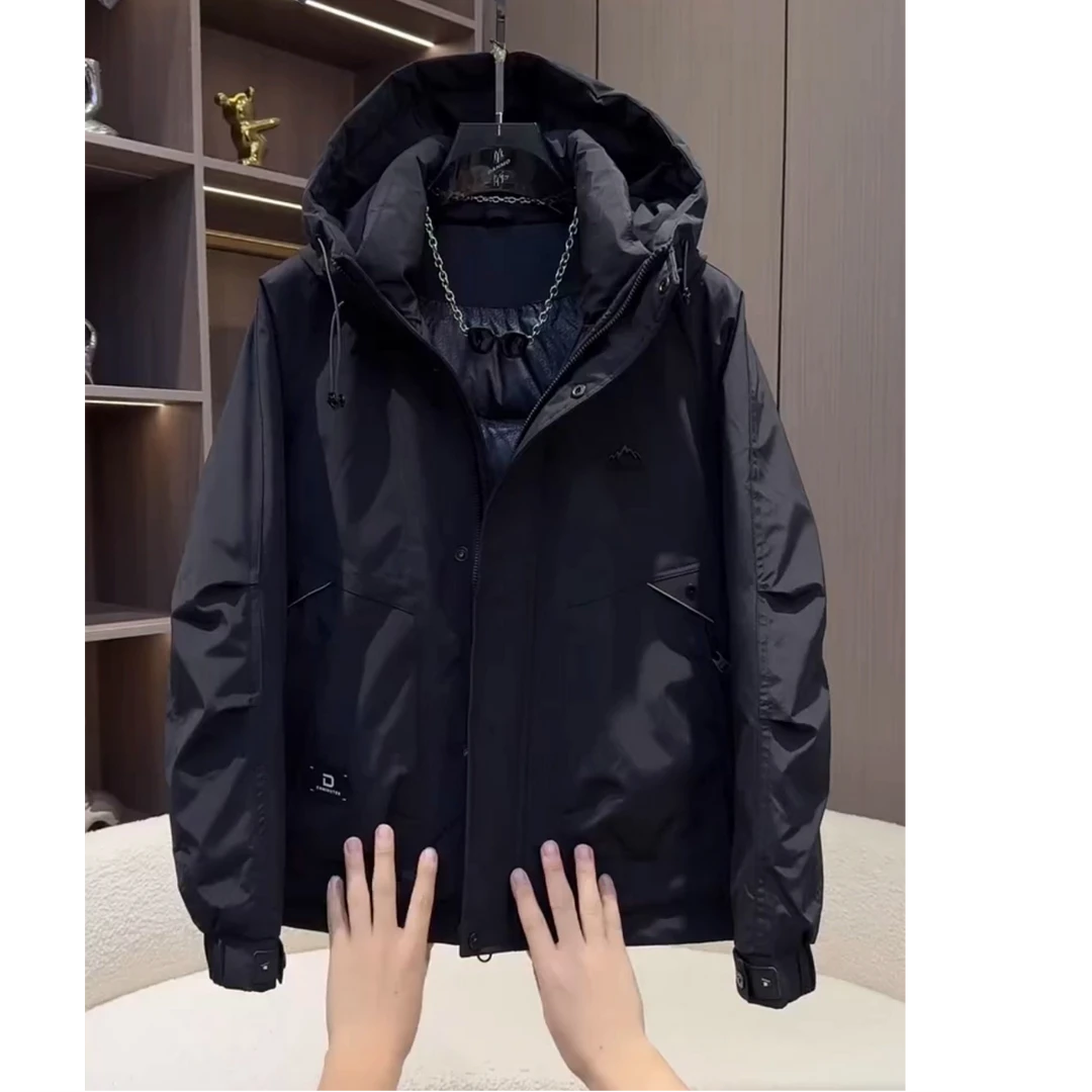 工装连帽羽绒服男2026秋冬新款美式简约青年户外保暖纯色鸭绒外套