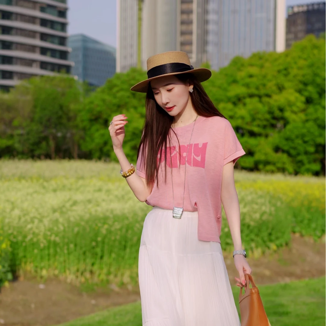 【扭结艺术】马克华菲竹节麻简约夏季刺绣百搭T恤短袖F52004A584