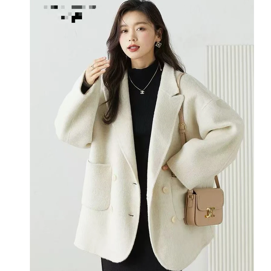 4颗扣毛呢外套女设计师女装秋冬休闲西装茧型双面羊绒大衣2515