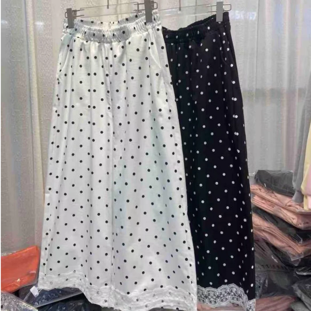 D1078简约日常通勤2025夏季新款花边拼接波点裤