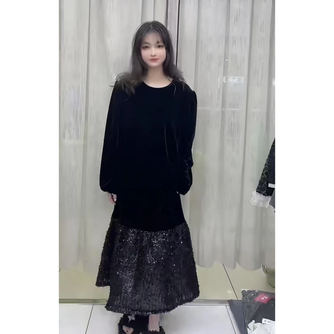 法式下摆亮丝拼接黑色丝绒连衣裙女新款圆领钉珠重工高级感长裙子