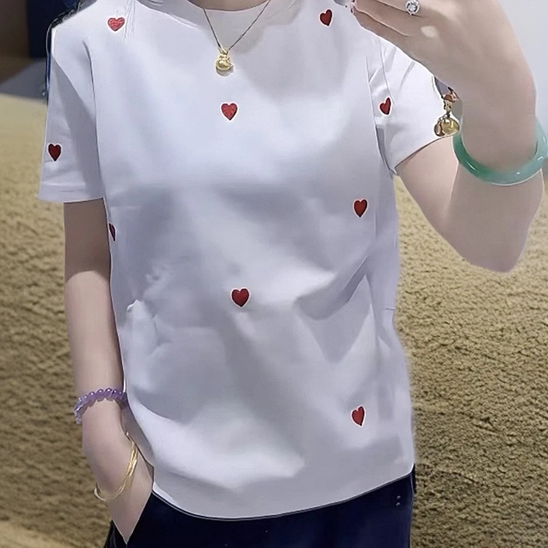 欧货时尚甜美爱心印花短袖T恤女夏季小个子简约百搭休闲正肩上衣