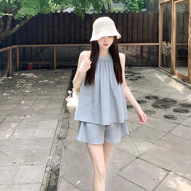 舒适亚麻套装 夏季新款无袖露肩上衣短裤清凉老钱风简约松弛感女