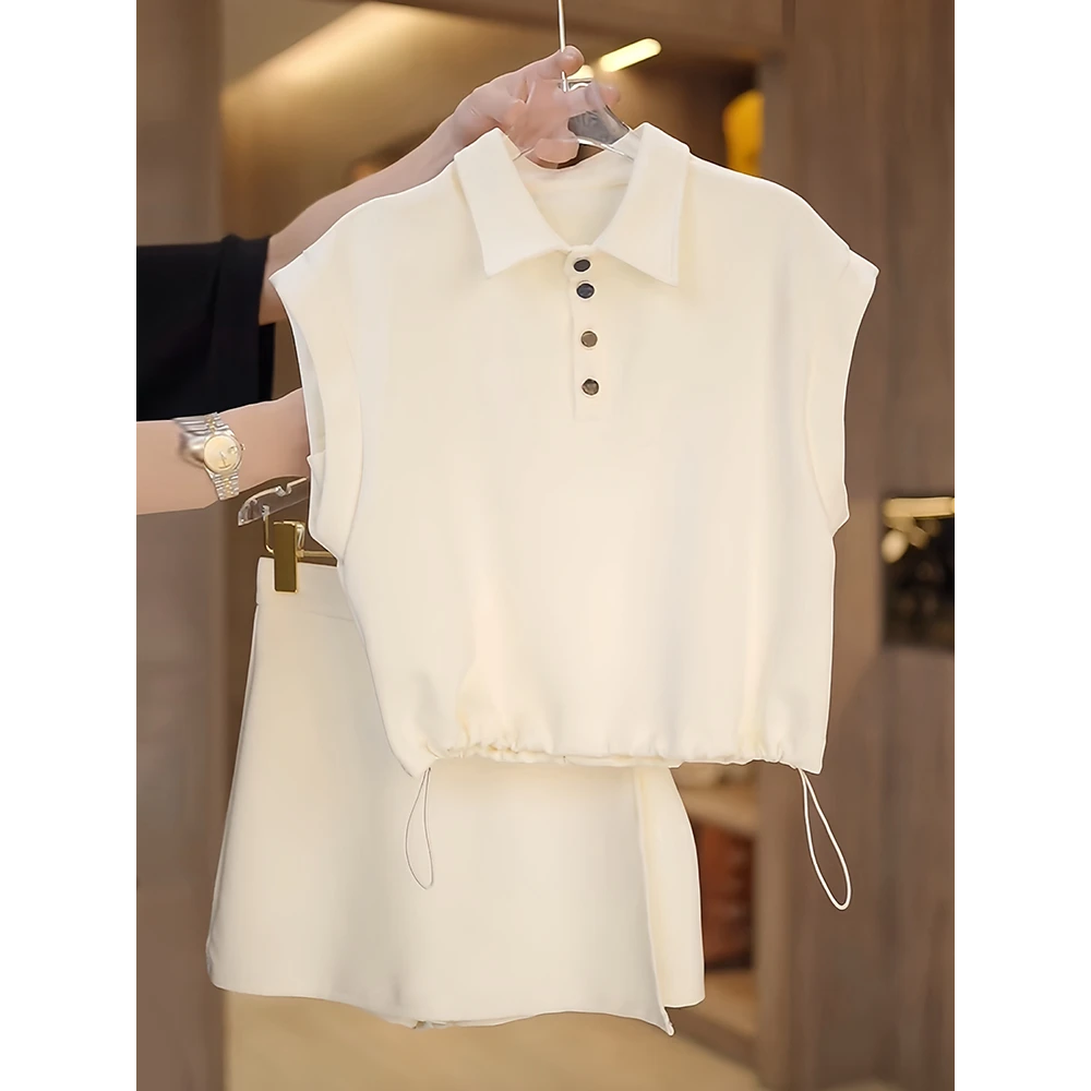 气质无袖t恤Polo领上衣套装女夏季女显瘦半身裙a字短裙裤两件套