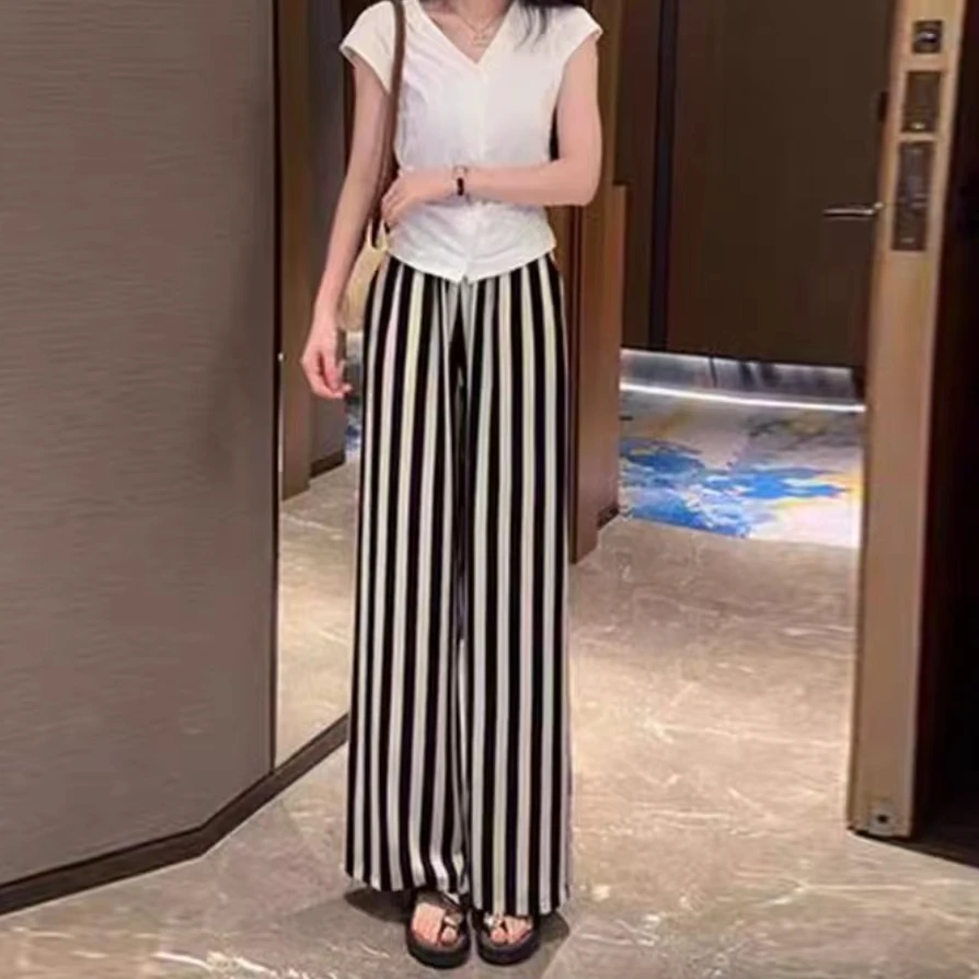 【艾萱萱】2455款洋气设计感短袖T恤条纹阔腿裤两件套上约46裤100