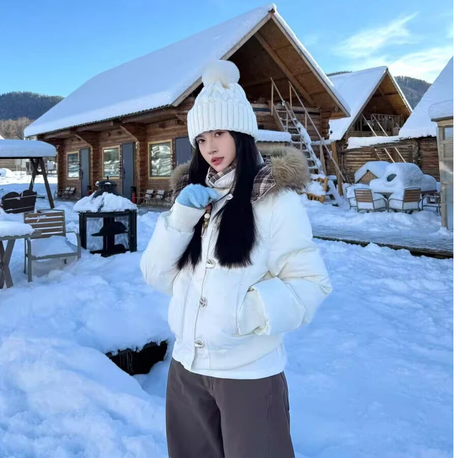 【现货+运险】美式复古串珠格子大毛领帽子可脱卸加厚加毛短款棉服