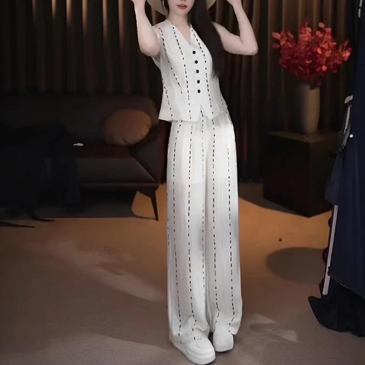 拉夏贝尔时尚轻奢套装女2025夏洋气减龄显瘦条纹无袖阔腿裤两件套