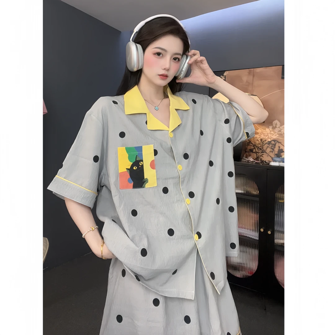 【波点小猫】卡通慵懒风云朵棉短袖家居服夏天薄款可外穿宽松睡衣女