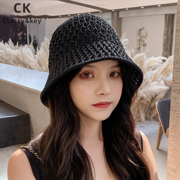 Classy key新加坡设计师联名款草帽女士夏天透气洞洞亚麻渔夫帽子