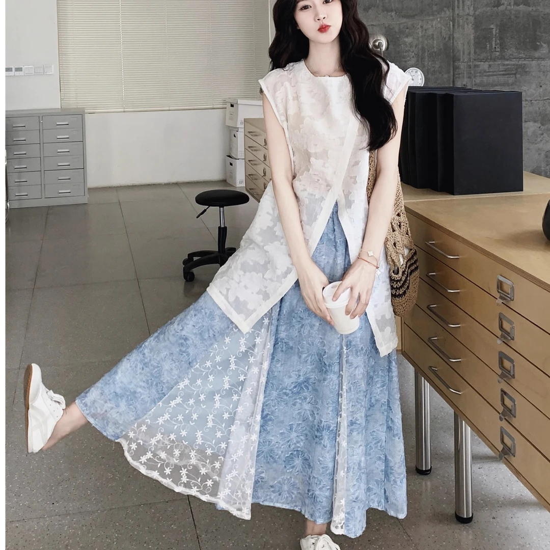 夏季新款甜美气质蕾丝拼接A字裙2025夏季韩国法式高腰显瘦仙女裙