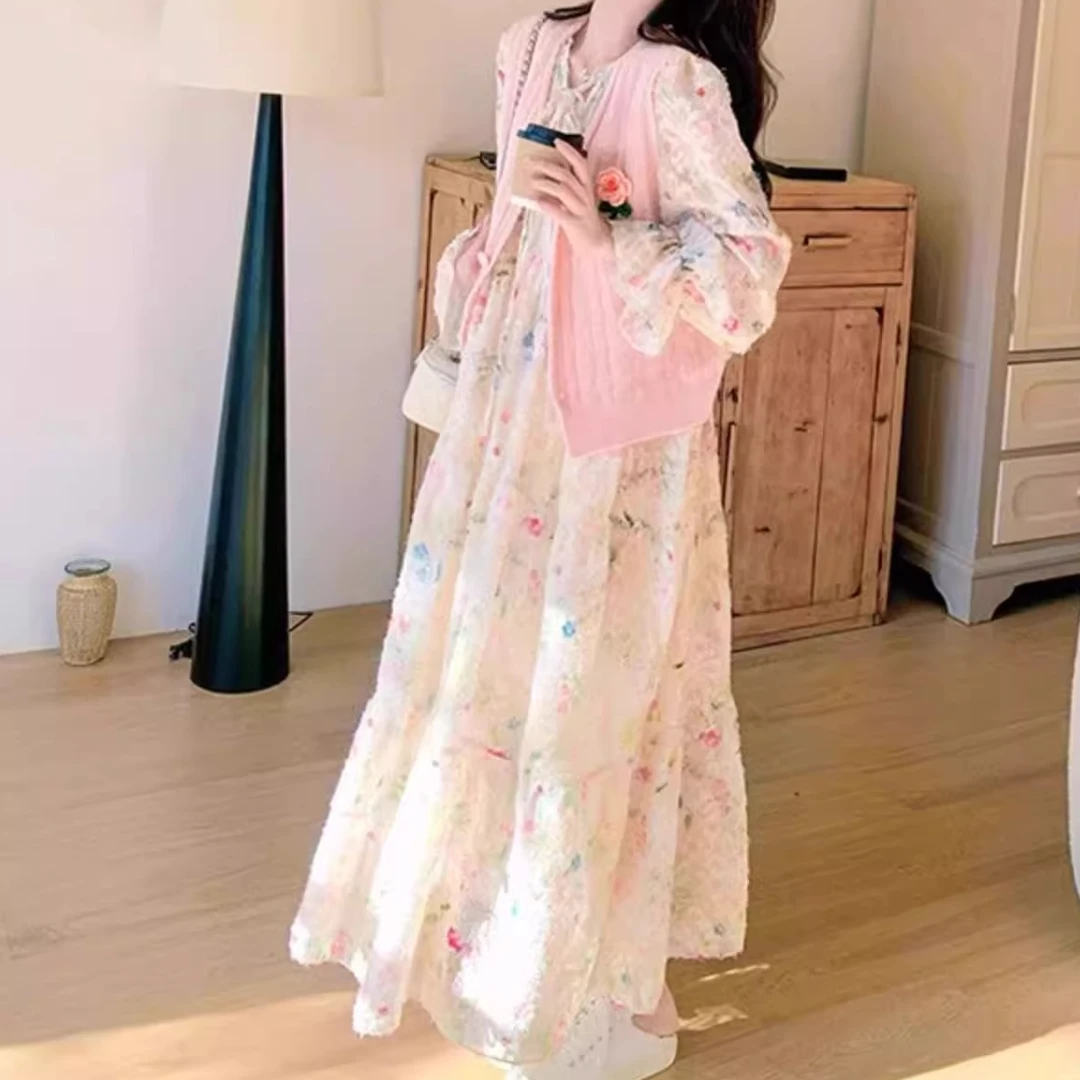 粉色提花连衣裙套装女春2025新款韩系甜美减龄针织花朵马甲两件套