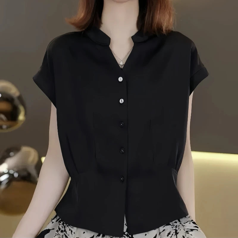 高级感黑色v领短袖衬衫女2025夏季新款收腰遮肚显瘦洋气欧货上衣