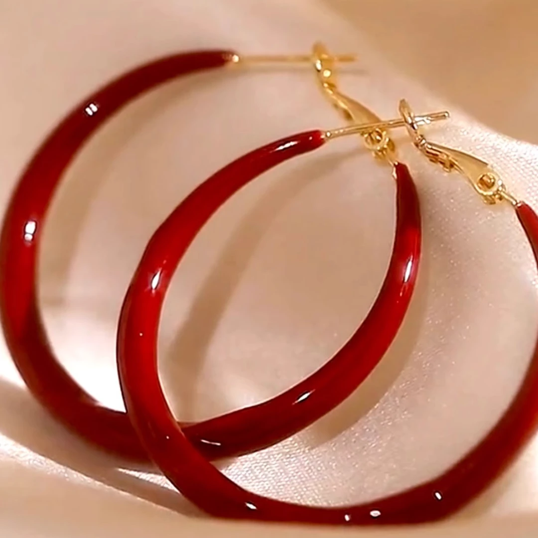 925银耳饰 高端酒红色纯银大耳圈港风名媛气质圆脸显瘦大圈圈耳环