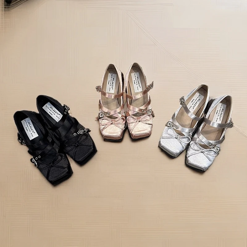 2025浅口鞋新款复古银色蝴蝶结玛丽珍鞋浅口铆钉芭蕾舞单鞋女单鞋