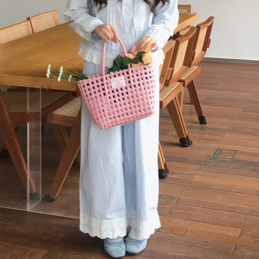 花田橱窗 韩系蕾丝花边休闲裤女春夏高腰阔腿裤6895