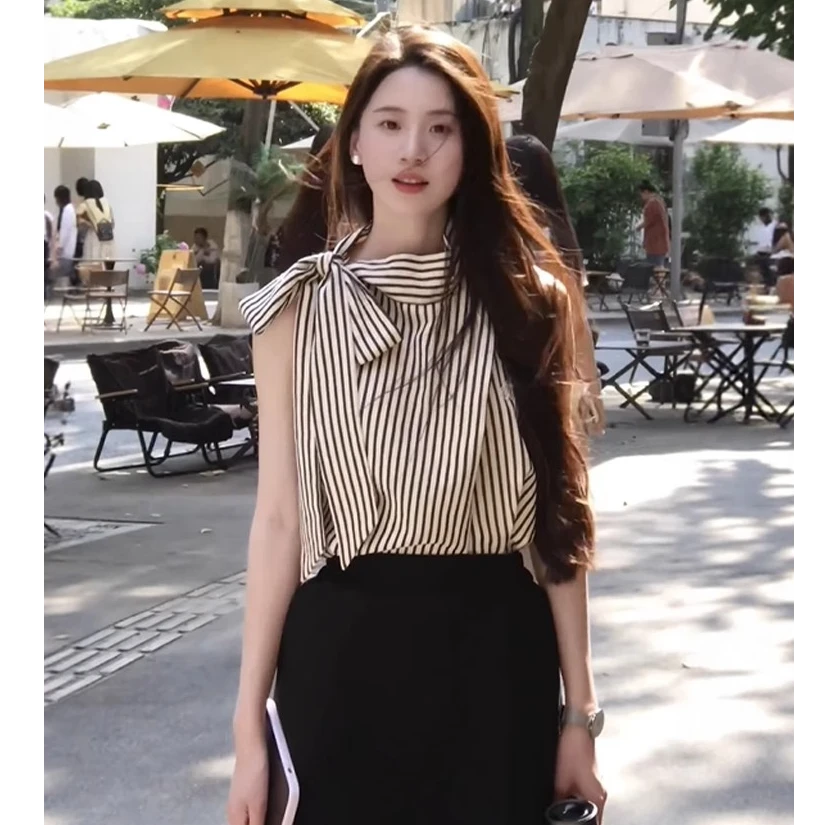 法式轻奢条纹无袖衬衫女夏季高级感气质飘带衬衣职业通勤别致上衣