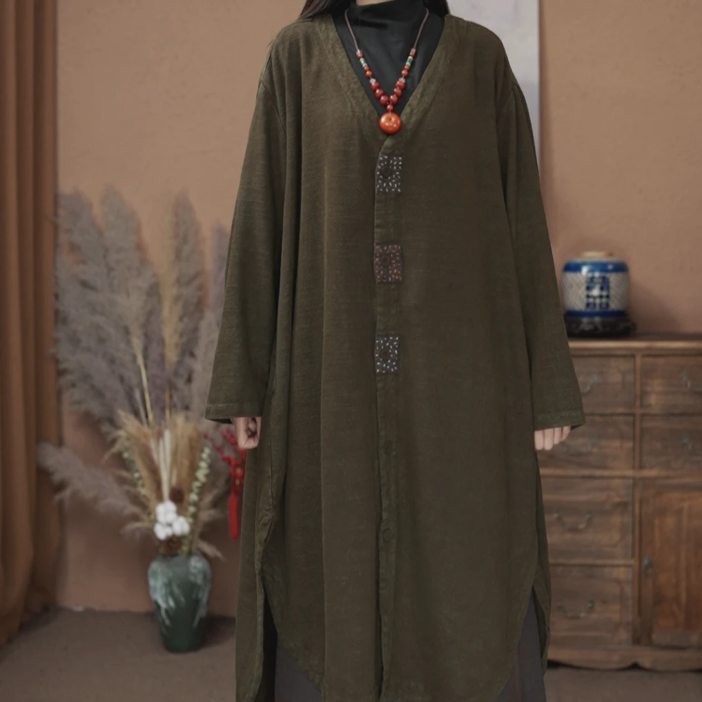 【原制原味】6656亚麻炒色做旧设计师款春秋长袖拼接中长款开衫袍子