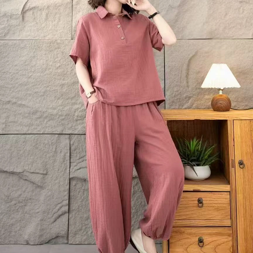 新款春夏休闲百搭T恤+裤子宽松女套装