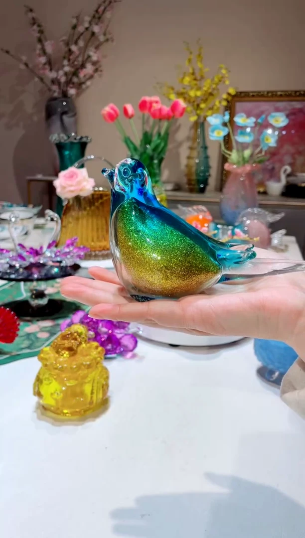 【闪购商品】琉璃手工艺品蓝色洒金鸟