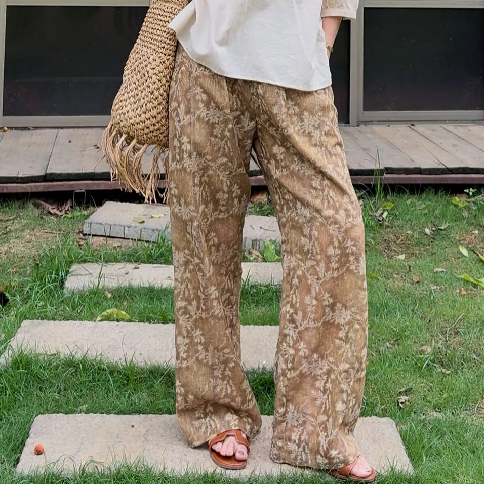 NXJ 【琥珀】微胖大码 工艺扎染麻料阔腿裤长裤 240802