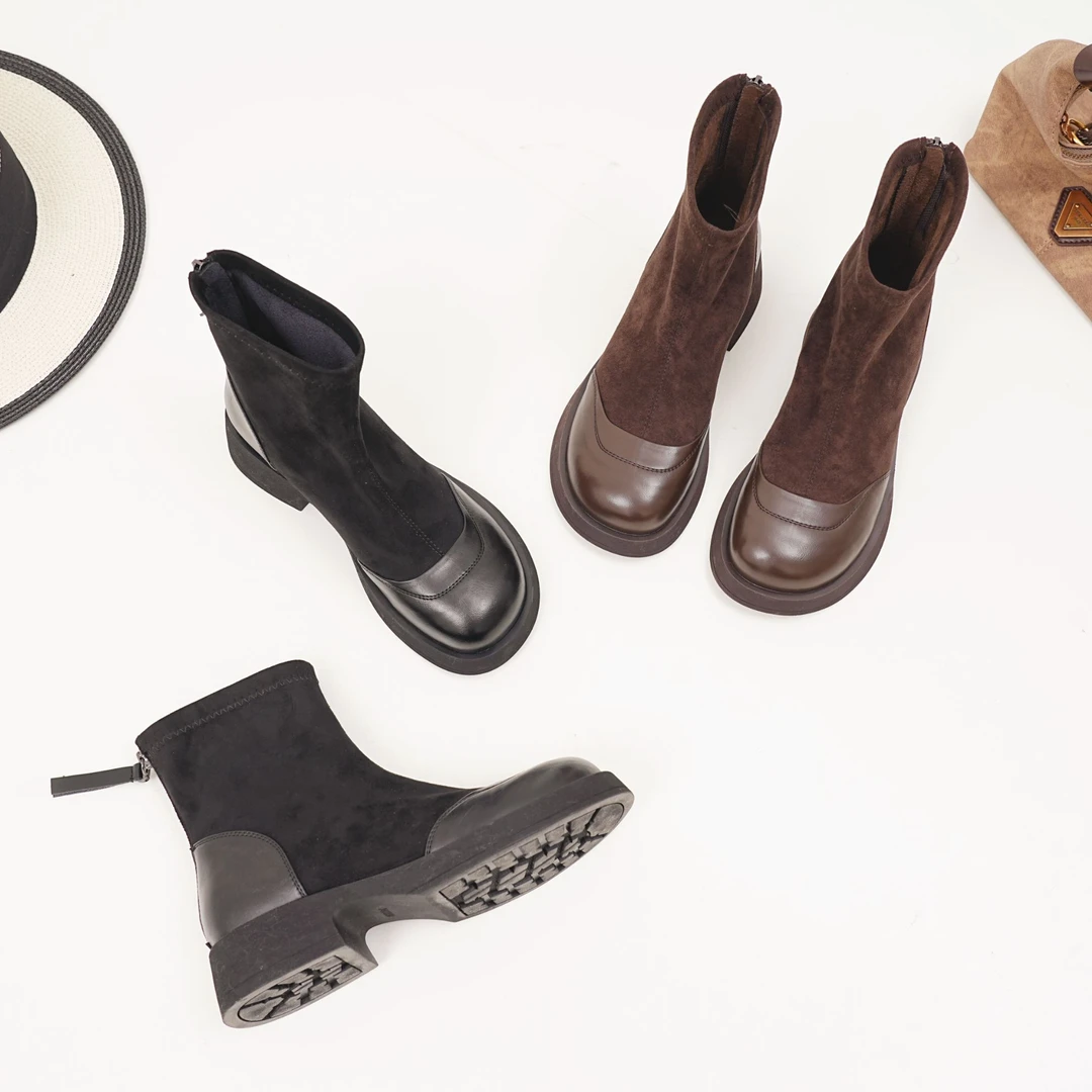 蕊风2025秋新款粗跟弹力短靴女网红时尚厚底百搭美拉德瘦瘦马丁靴