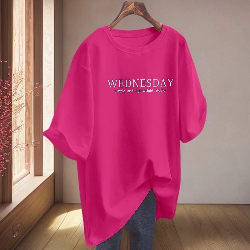 纯棉玫红色短袖t恤潮牌女新款爆款大码宽松中长款T恤休闲显瘦上衣