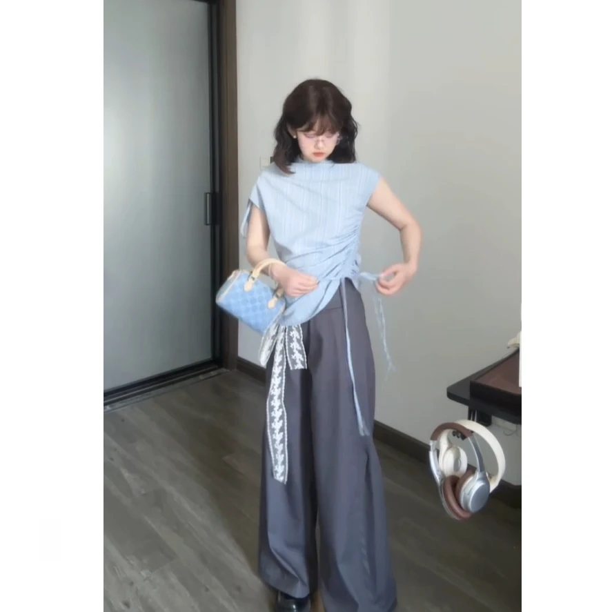 法式蓝条纹抽绳绑带无袖衬衫女夏季新款甜酷垂感阔腿西裤两件套装