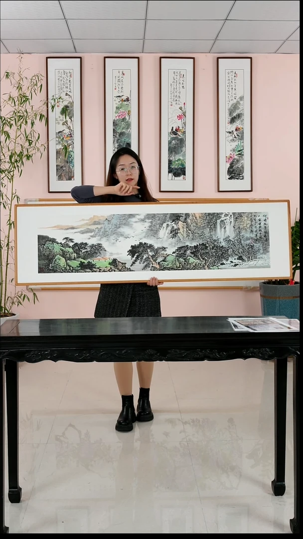 国画张现军《幽亭观瀑》手绘带框162*47厘米